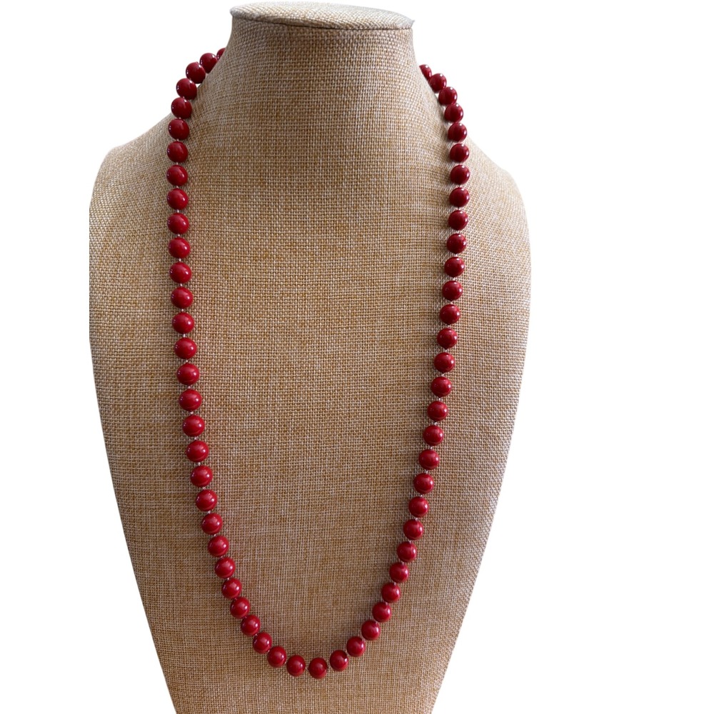 Vibrant Red Beaded Strand Necklace High Shine Round Knotted Beads